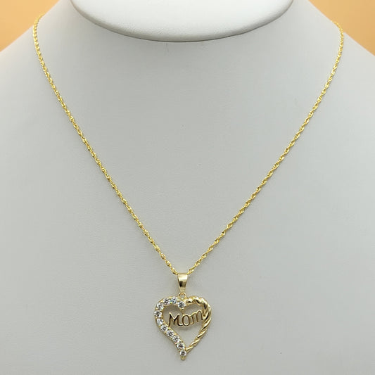 Solid 925 Sterling Silver - Gold Plated. CZ Mom Heart Pendant & Chain.