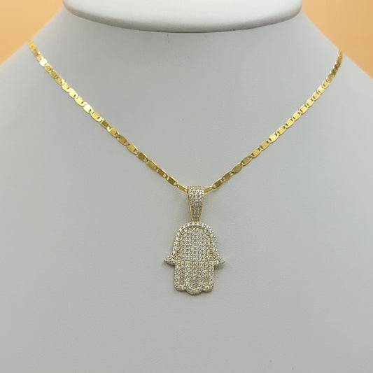 Solid 925 Sterling Silver - Gold Plated. Hamsa Hand Iced Pendant & Chain.