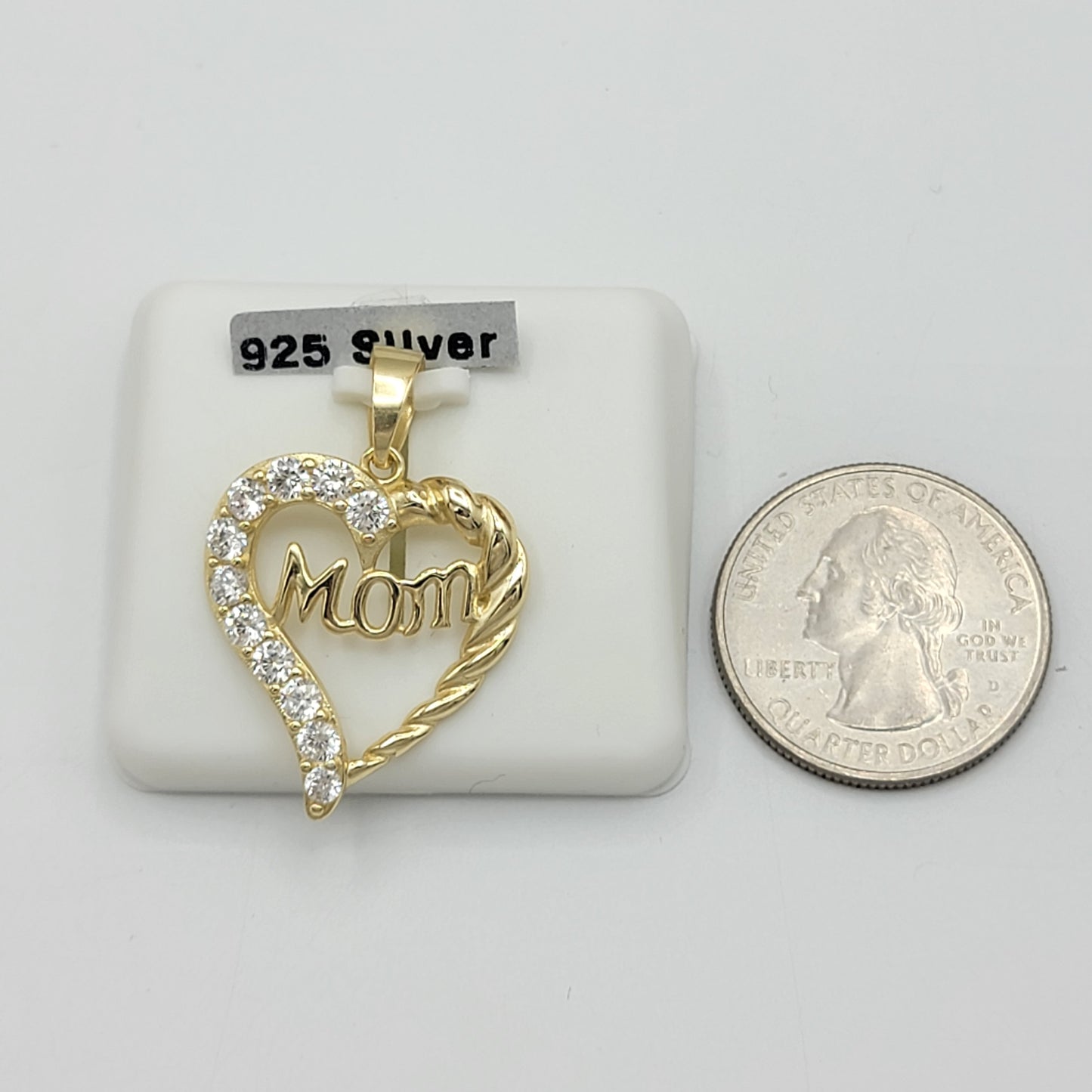 Solid 925 Sterling Silver - Gold Plated. CZ Mom Heart Pendant & Chain.