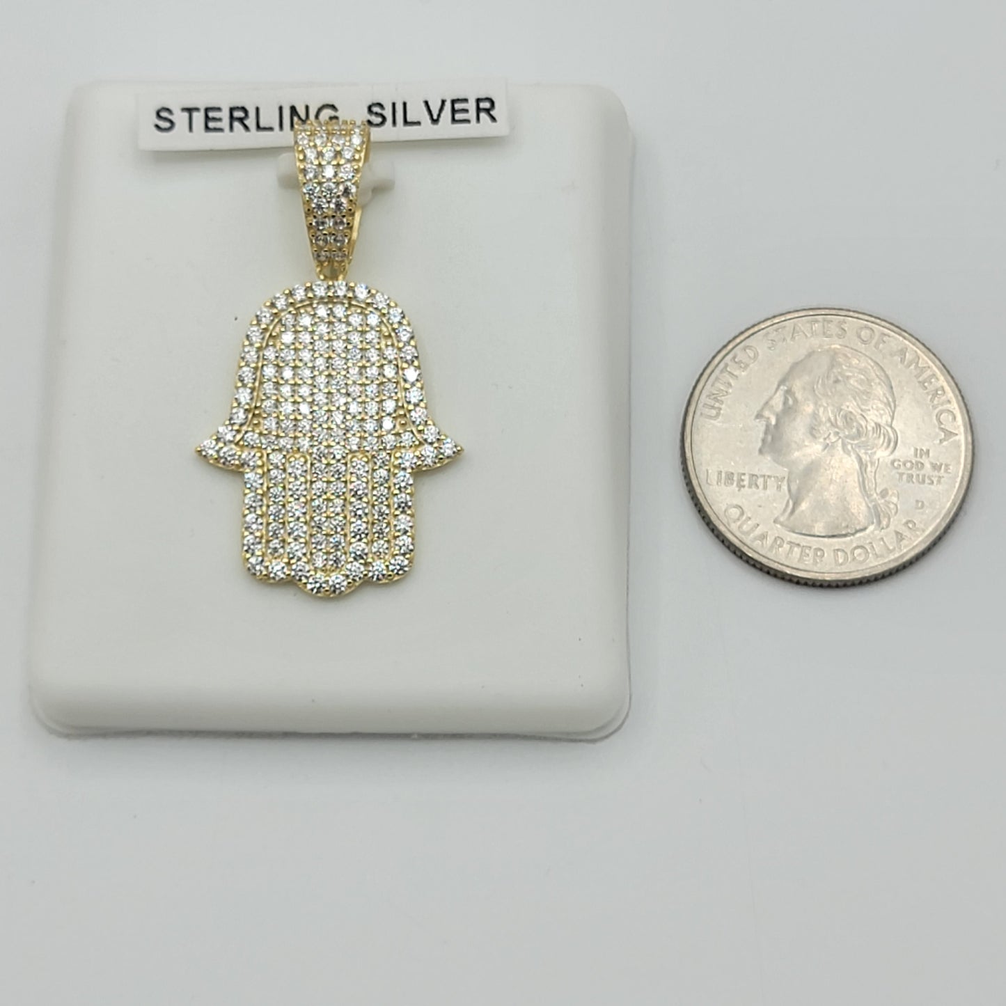 Solid 925 Sterling Silver - Gold Plated. Hamsa Hand Iced Pendant & Chain.