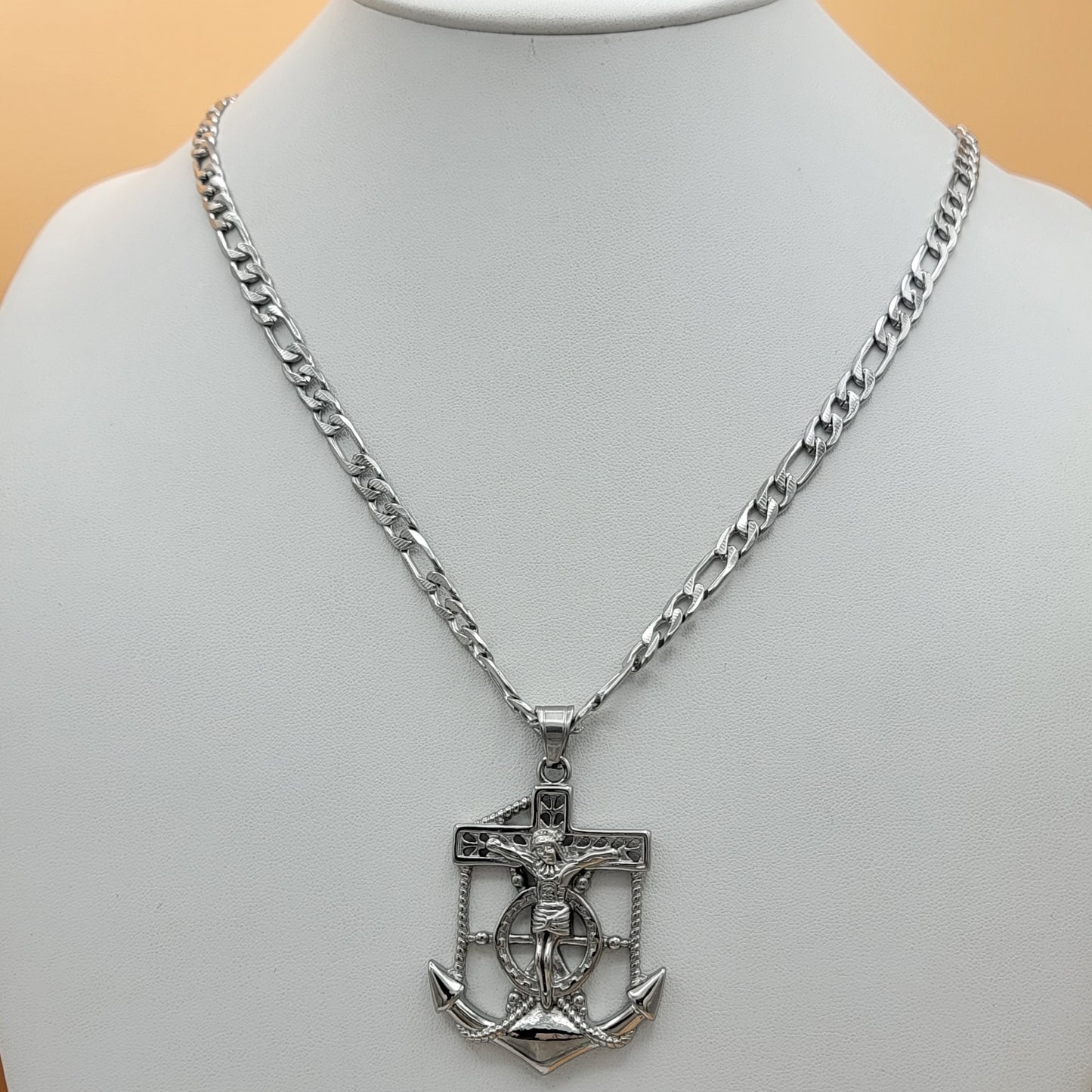 Necklaces - Stainless Steel. Stainless Steel Jewelry Jesus Anchor Crucifix Cross Pendant & Figaro Chain
