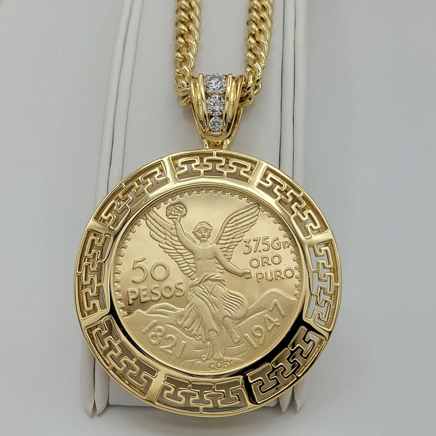 Necklaces - 14K Gold Plated. Centenario MEX Moneda 50 Pesos CZ Pendant & Chain