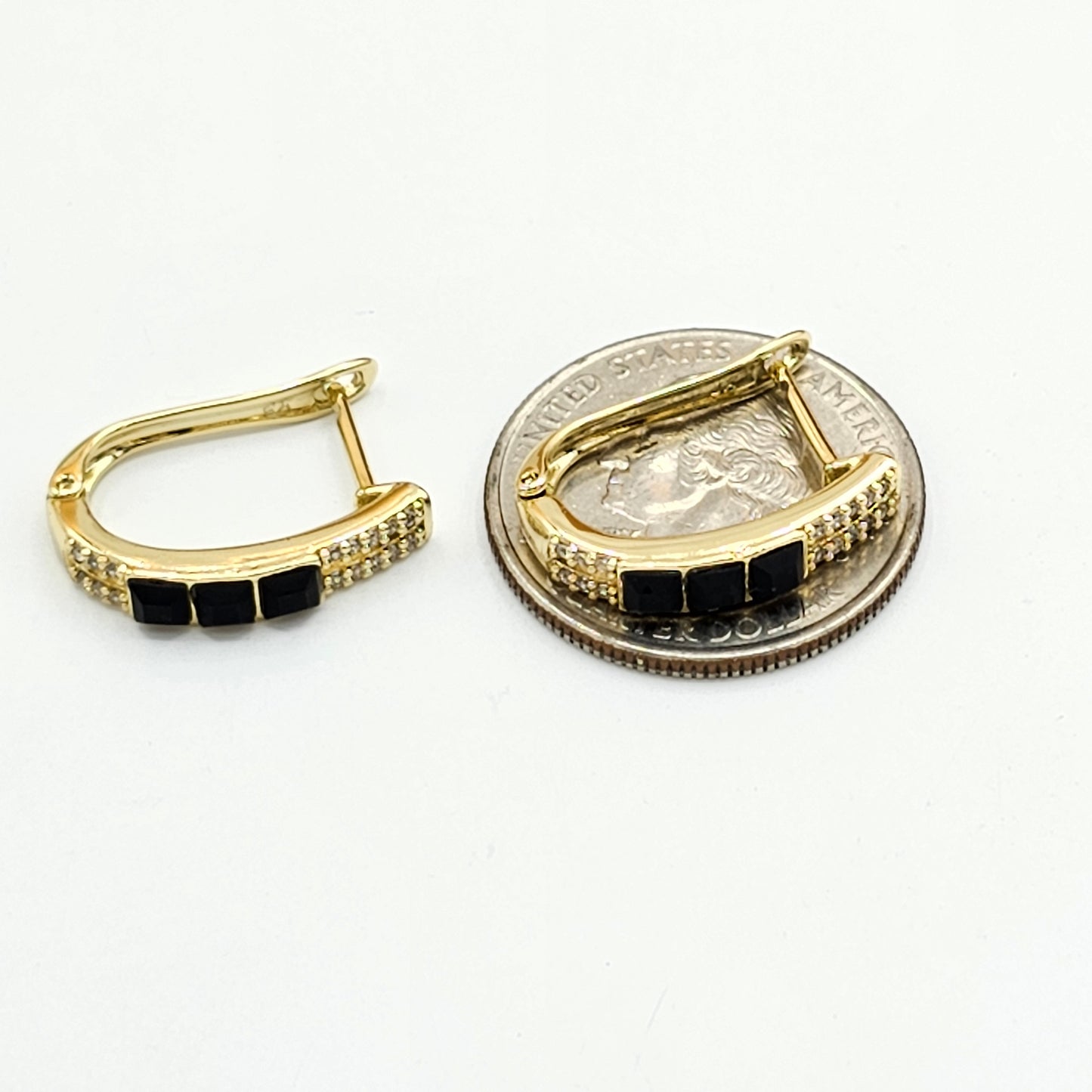 Earrings - 14K Gold Plated. Black & Clear Crystal Oval Hoops.