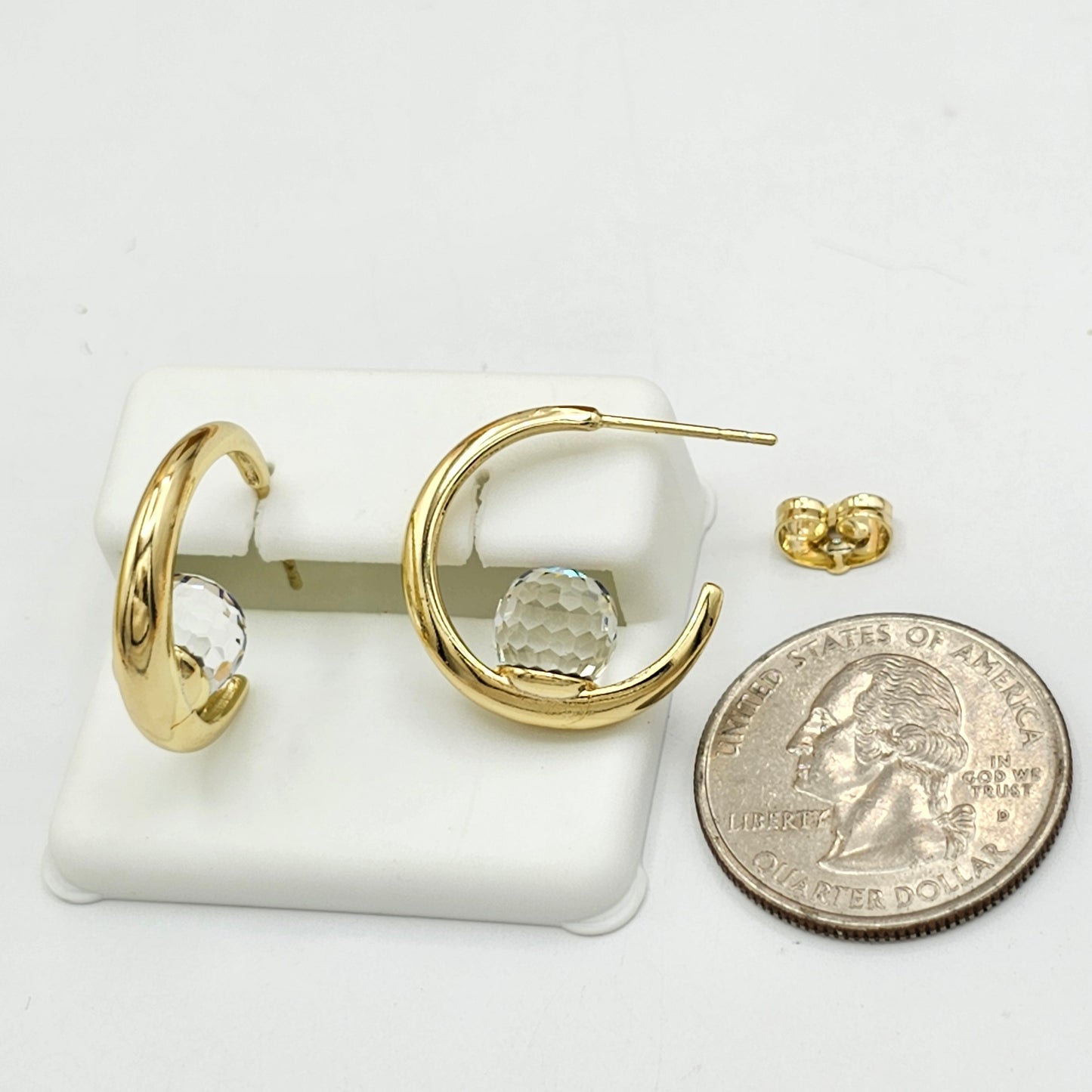 Earrings - 14K Gold Plated. AB Ball Crystal Hoops.
