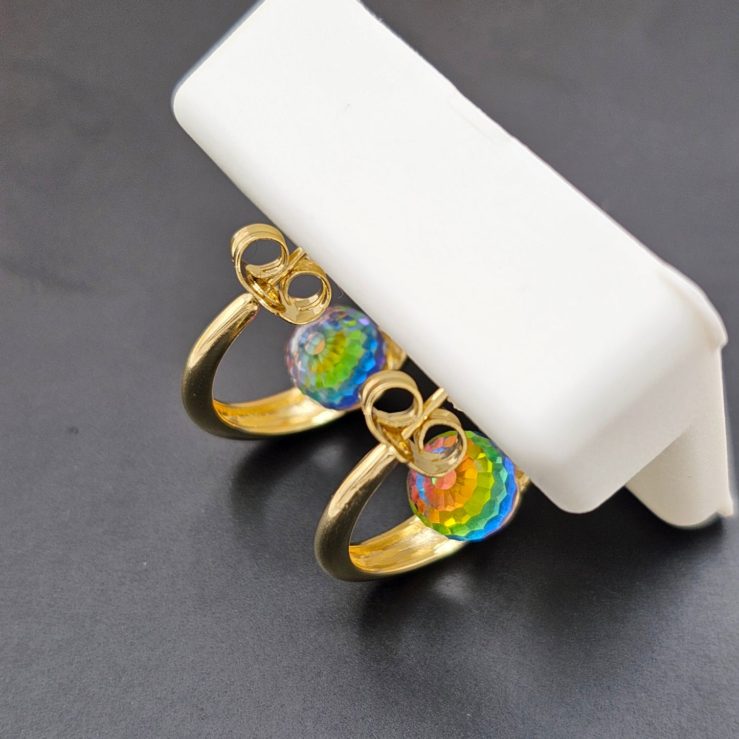 Earrings - 14K Gold Plated. AB Ball Crystal Hoops.