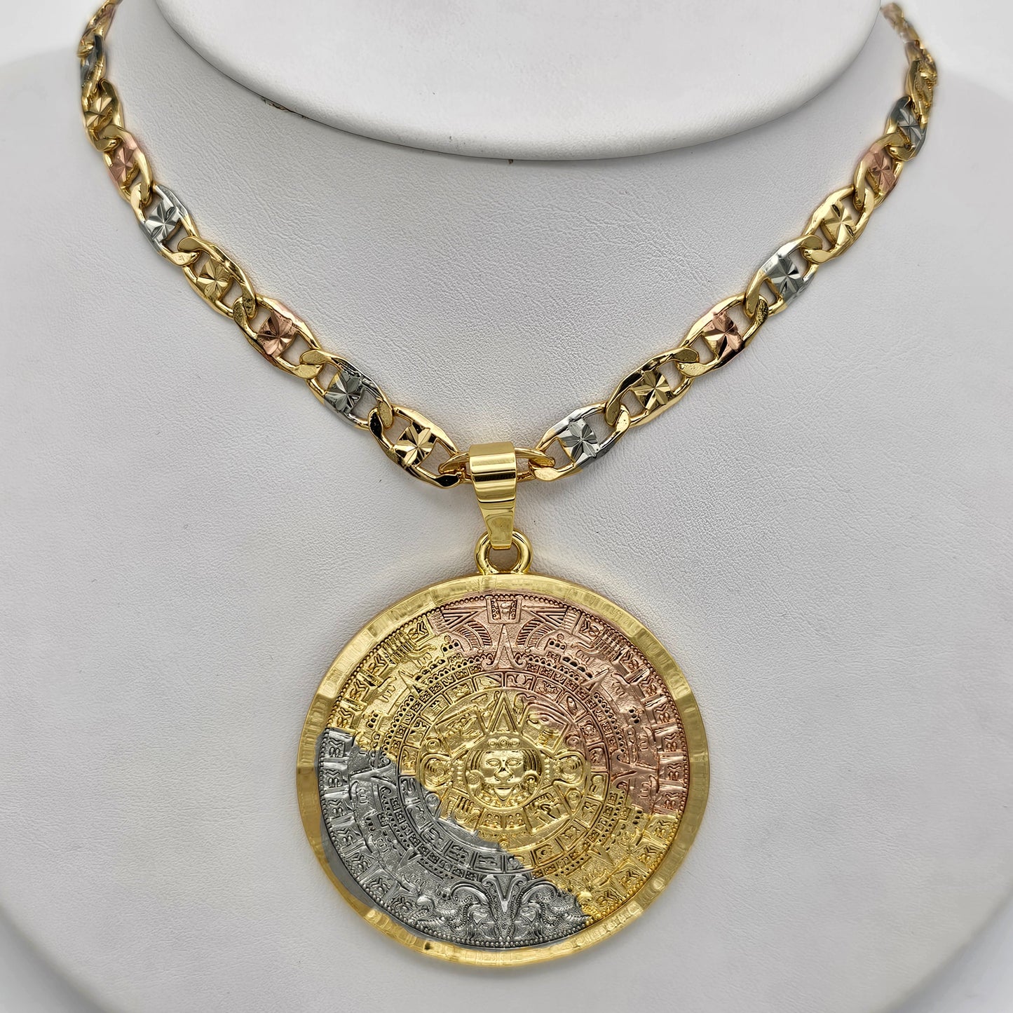 Necklaces - Tri Color Gold Plated. Aztec Mexica Calendar Pendant & Chain Necklace.