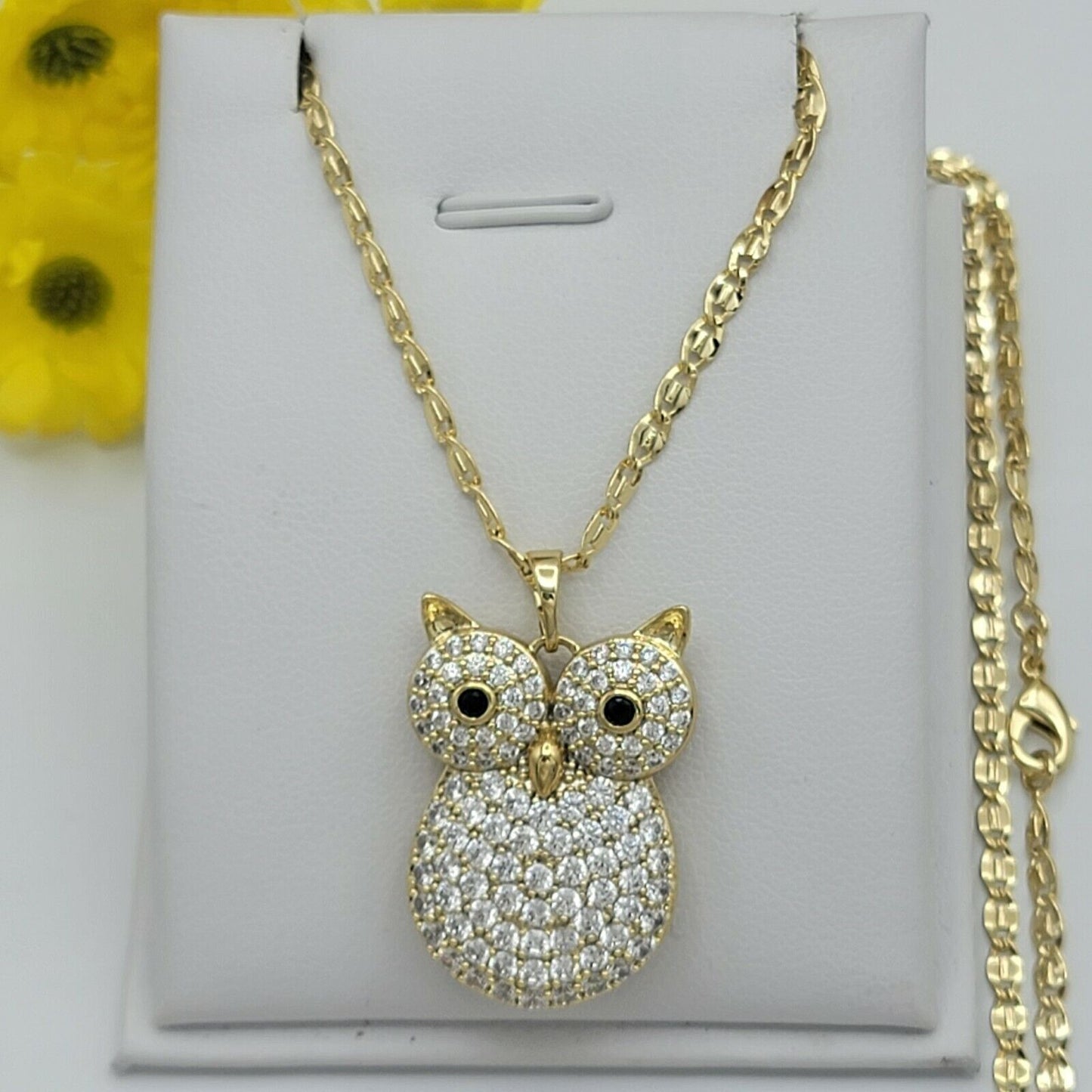 Necklaces - 14k Gold Plated. CZ Icy Owl Pendant & Chain.