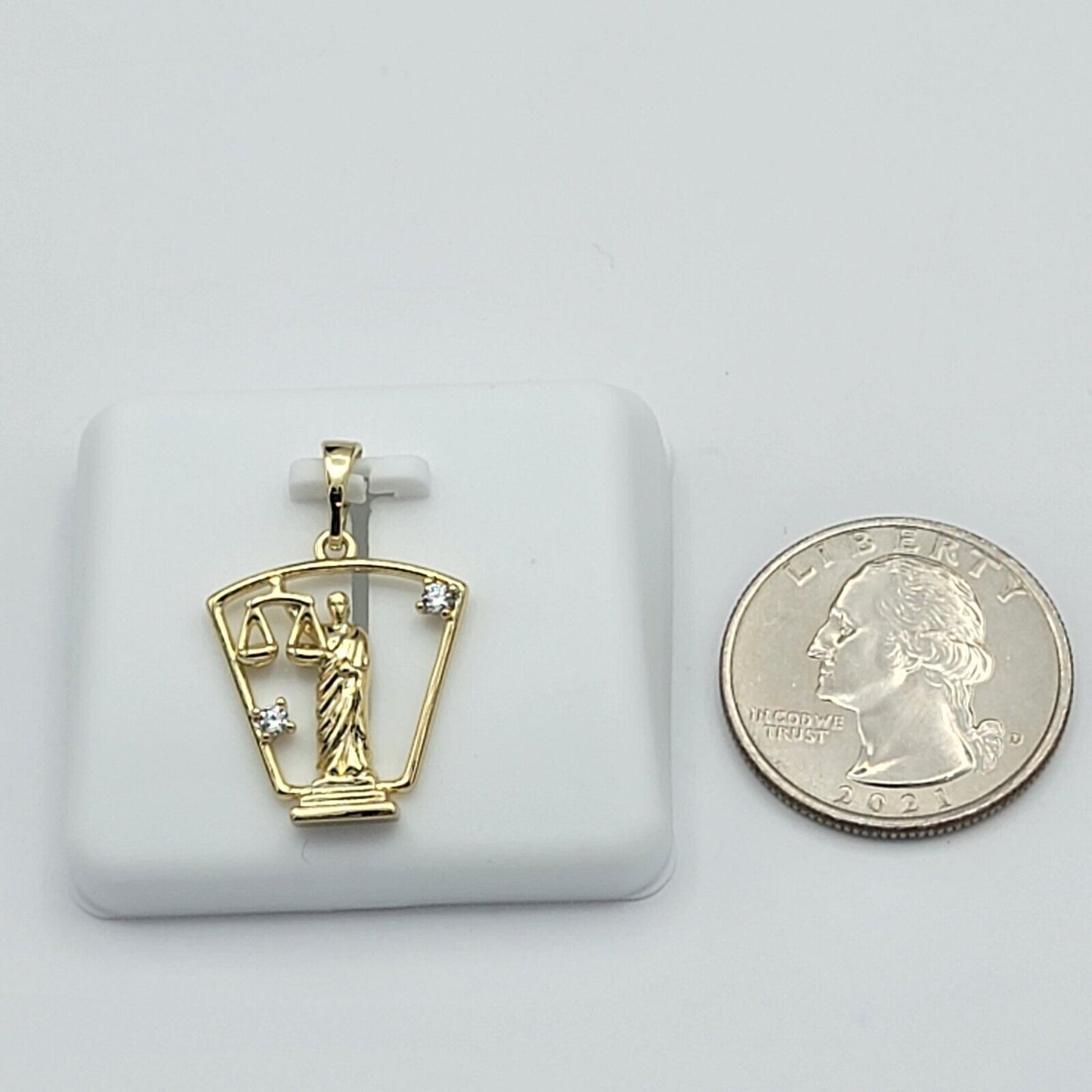 Necklaces - 14K Gold Plated. Lady Scale of Justice Statue Crystal Pendant & Chain.