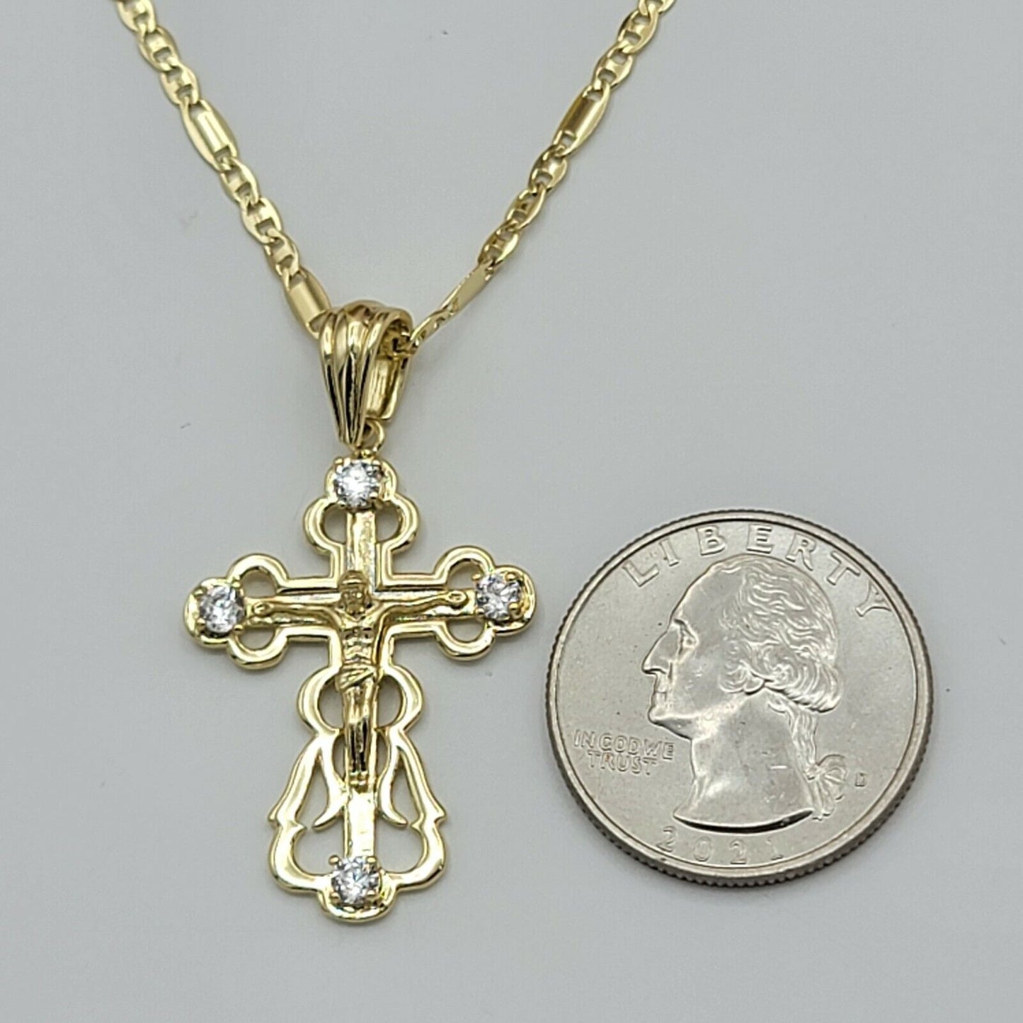 Necklaces - 14K Gold Plated. Crucifix Cross Pendant & Chain.