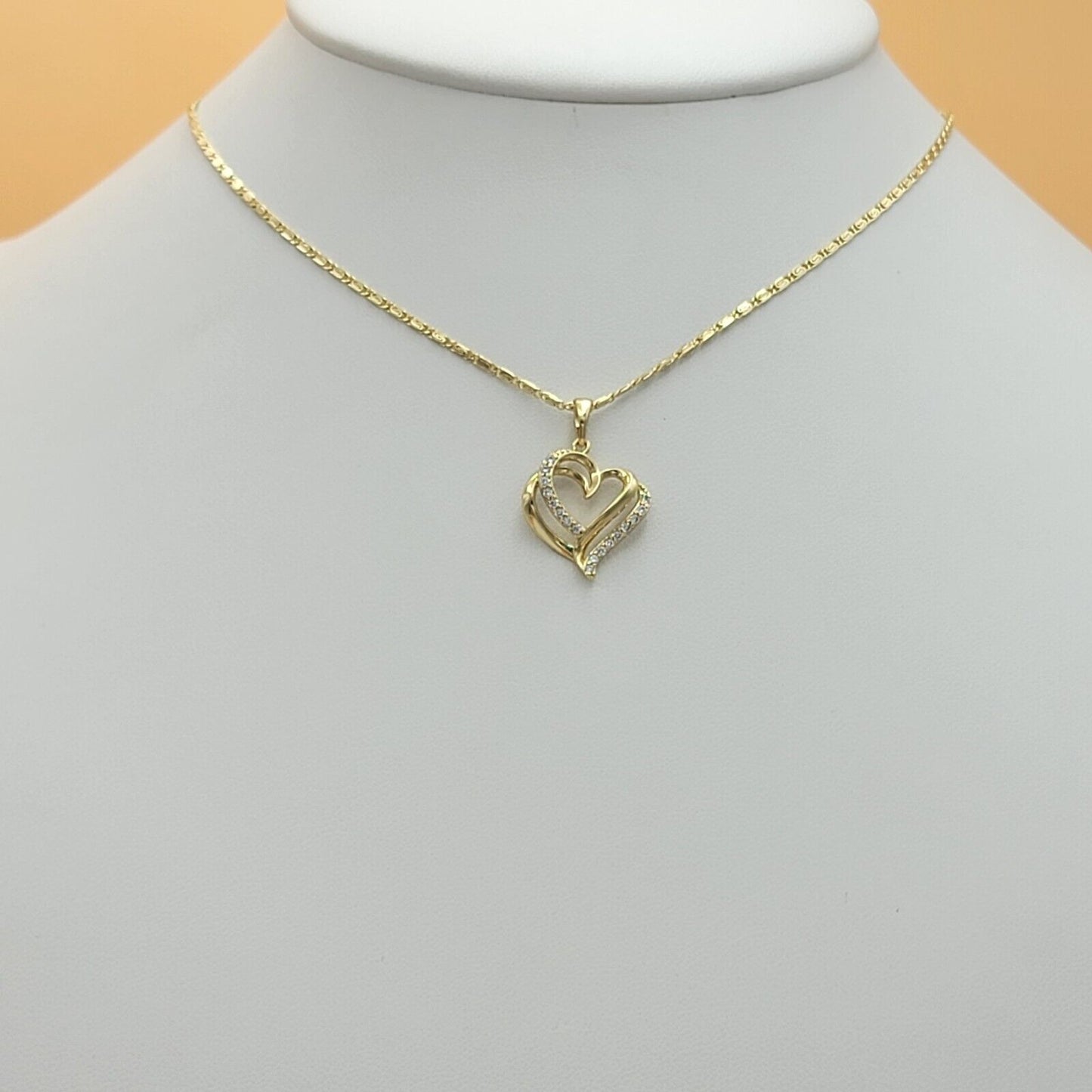 Necklaces - 14K Gold Plated. Crystal Double HEART Pendant & Chain.