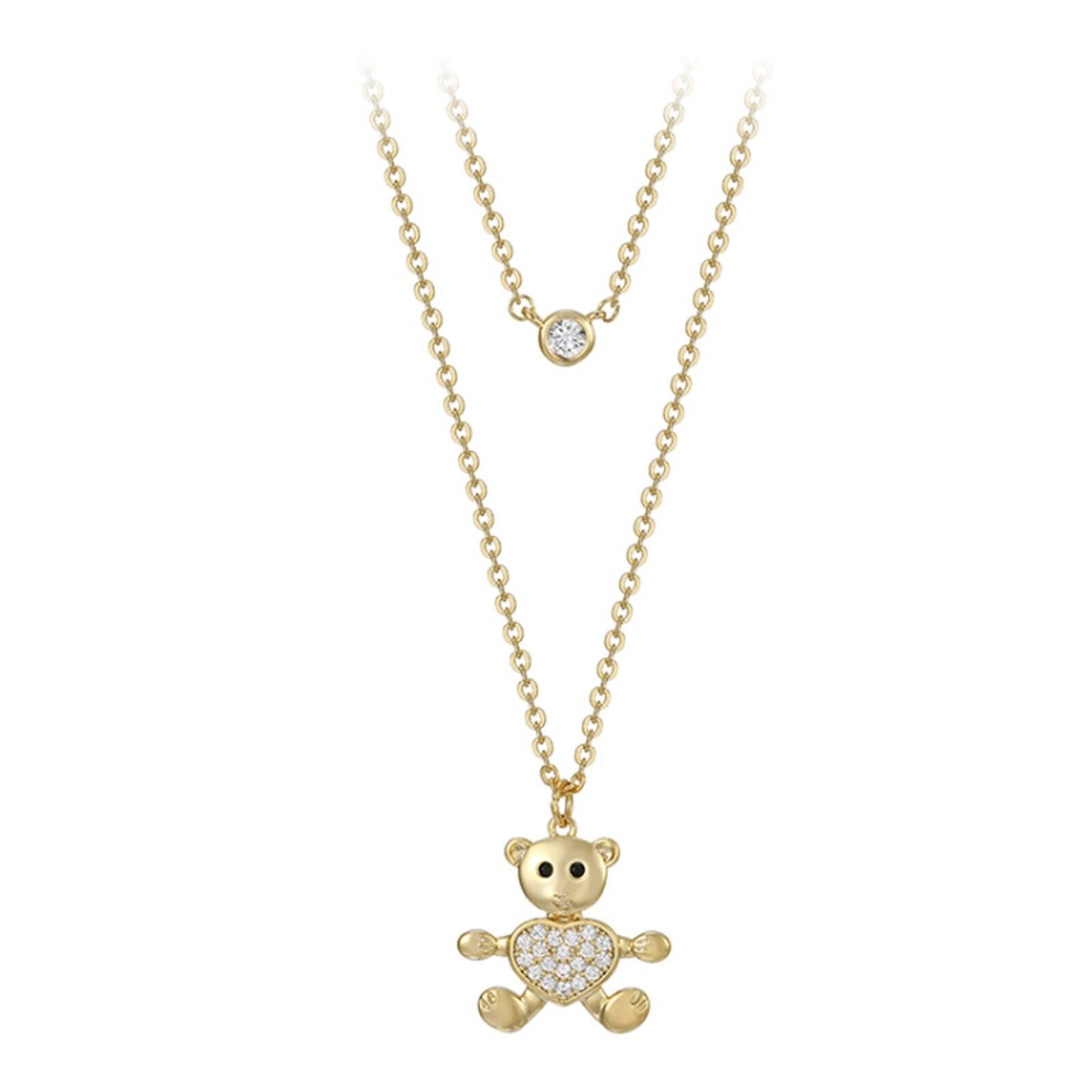Necklaces - 14K Gold Plated. Double Chain Necklace Bear w crystal heart charm.