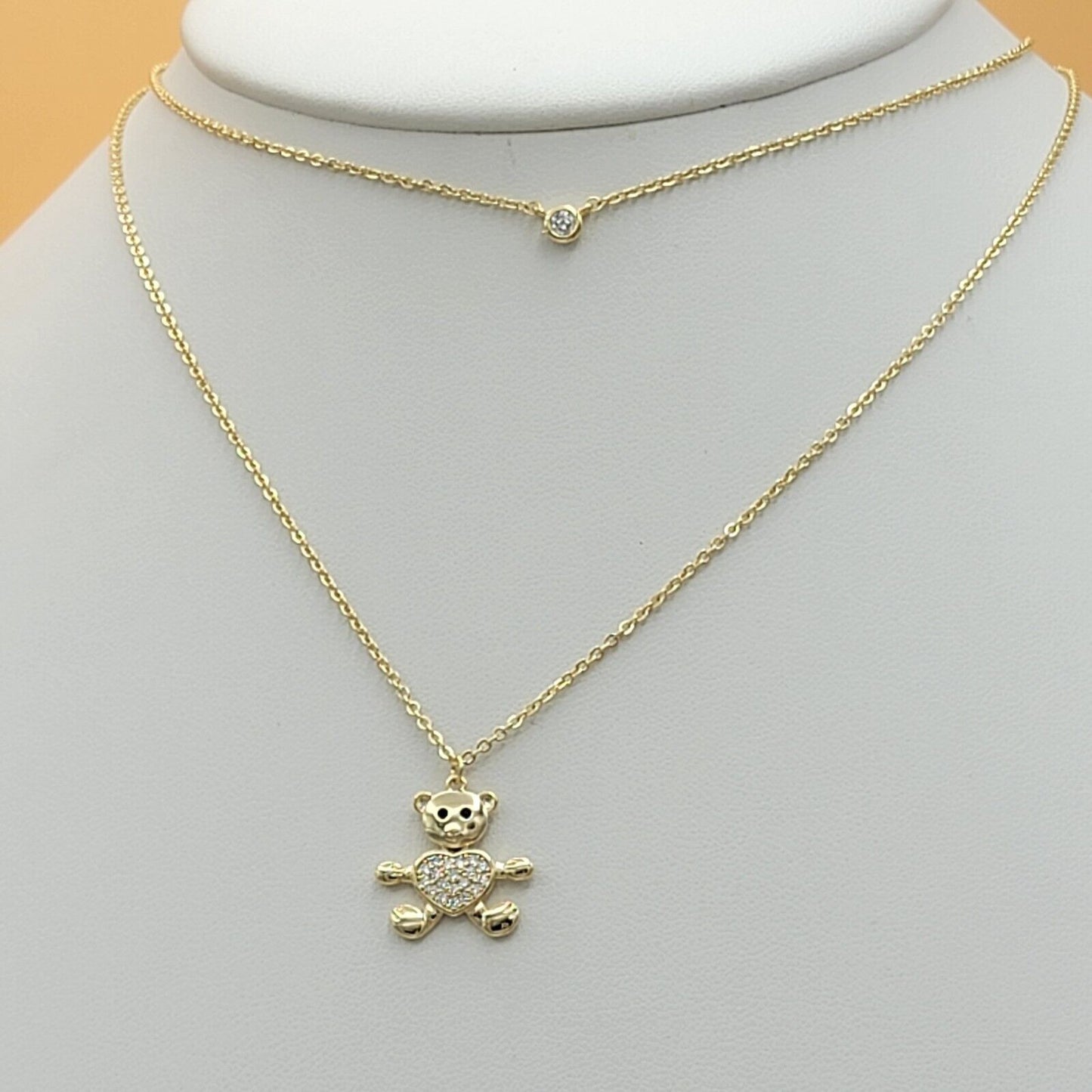 Necklaces - 14K Gold Plated. Double Chain Necklace Bear w crystal heart charm.
