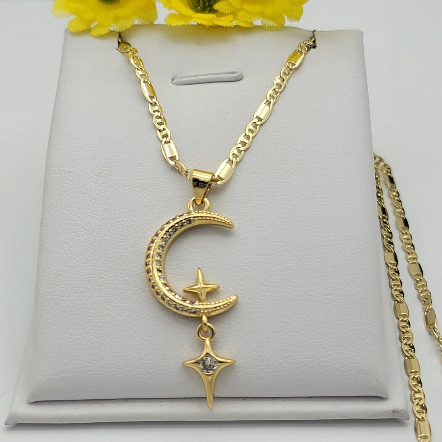 Necklaces - 14K Gold Plated. Moon & hanging shining stars Pendant & Chain. Galaxy Cosmic