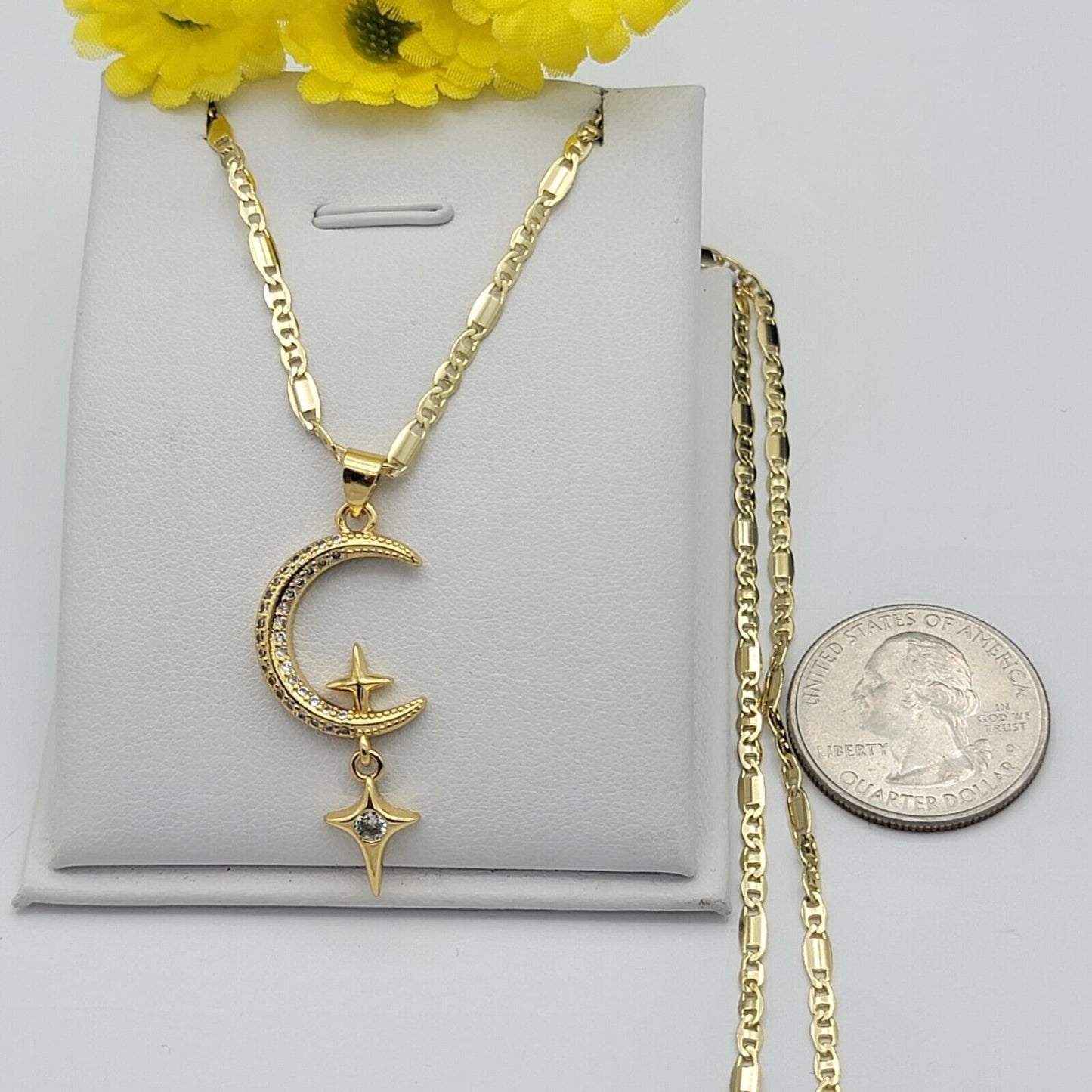 Necklaces - 14K Gold Plated. Moon & hanging shining stars Pendant & Chain. Galaxy Cosmic