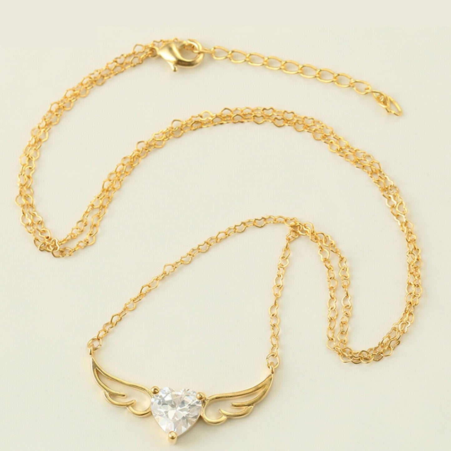 Necklaces - 14K Gold Plated. Crystal Heart W Angel Wings- Protection Necklace