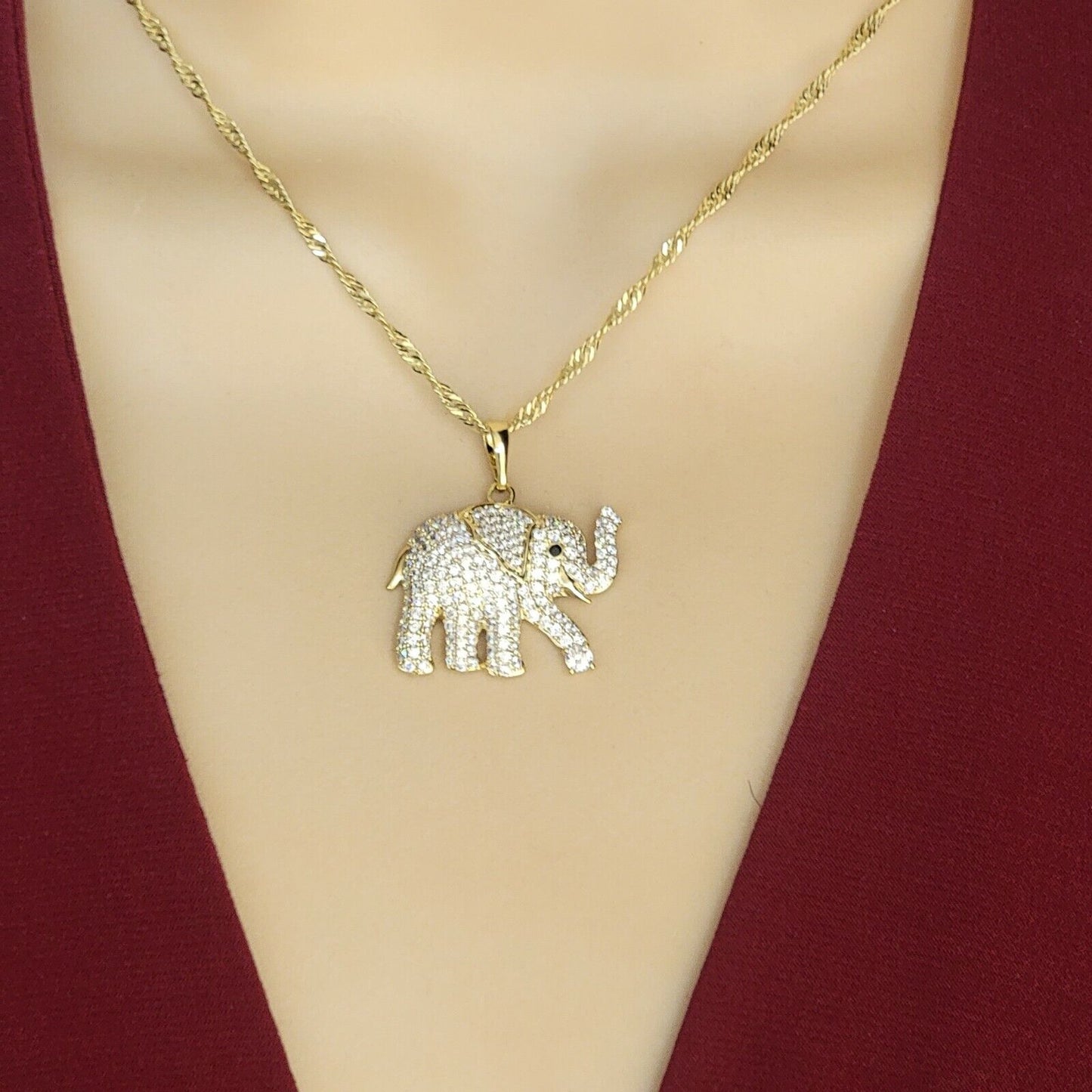 Necklaces - 14K Gold Plated. Elephant with CZ Pendant & Chain.
