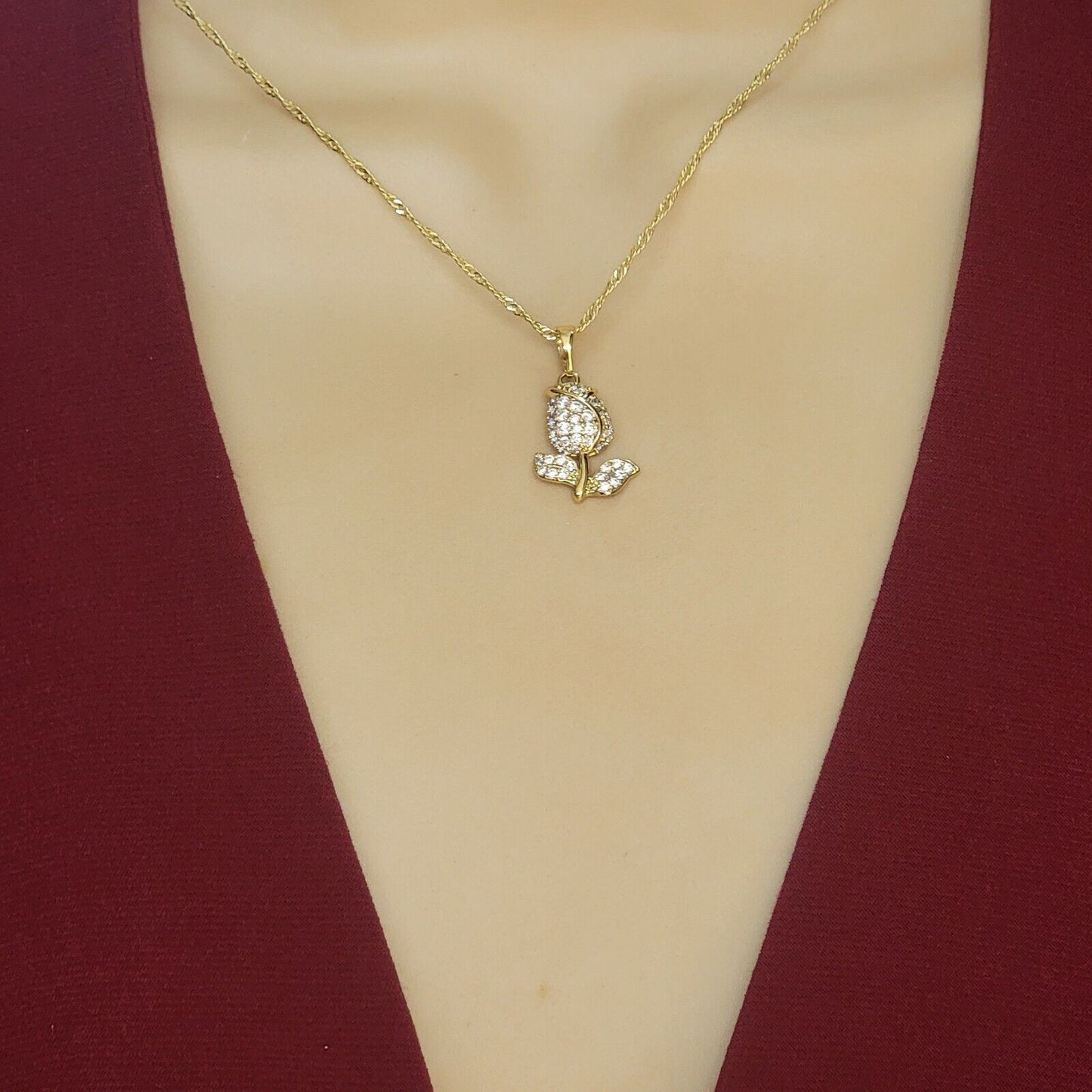 Necklaces - 14K Gold Plated. Icy Rose Flower Pendant & Chain.