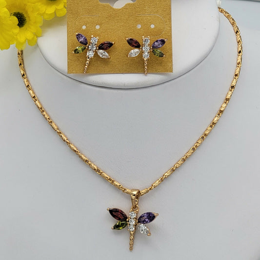 Necklaces - 18K Gold Plated. Beautiful Multicolor crystals Dragonfly Set