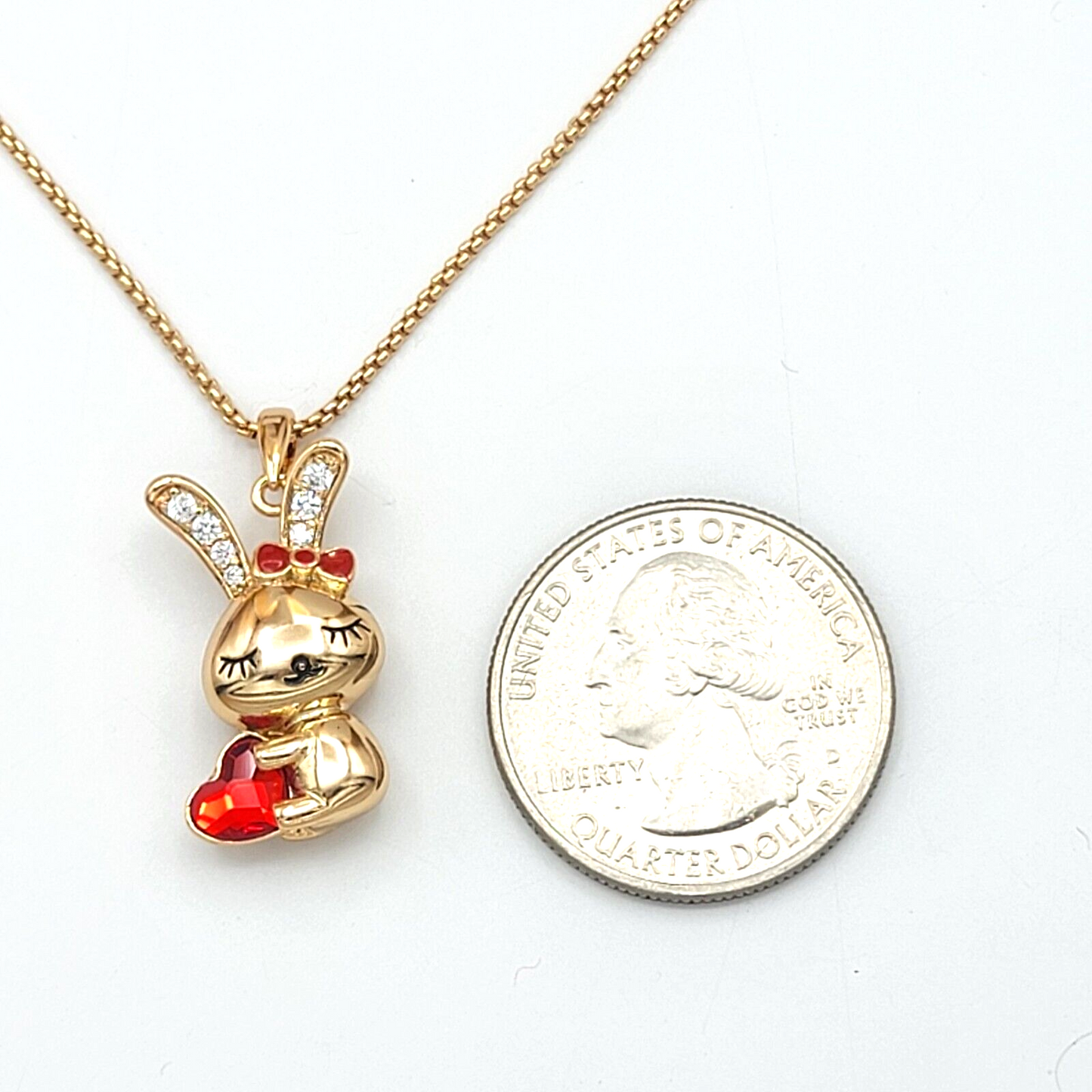 Necklaces - 18K Gold Plated. Rabbit Bunny Pendant & Chain - Red Heart Crystal Bow