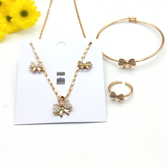 Sets - 18K Gold Plated. Heart Bow Necklace - Earrings - Ring Set. For Little Girls Teen