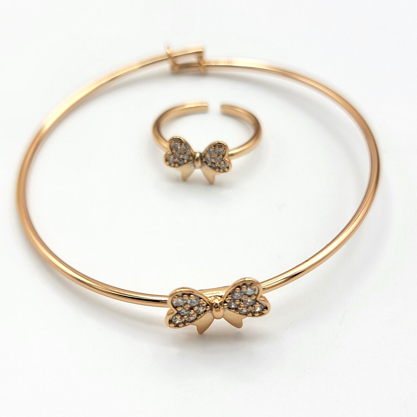 Sets - 18K Gold Plated. Heart Bow Necklace - Earrings - Ring Set. For Little Girls Teen