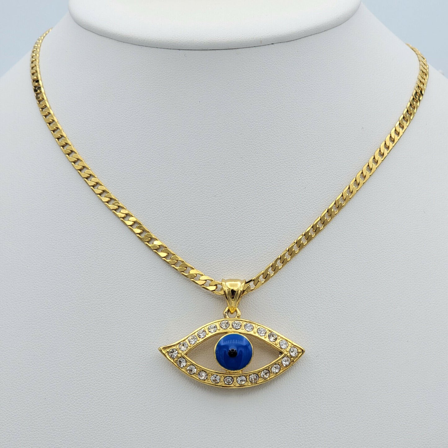 Necklaces - 24K Gold Plated. Blue Eye Crystal Pendant & Chain. Clear Crystals.