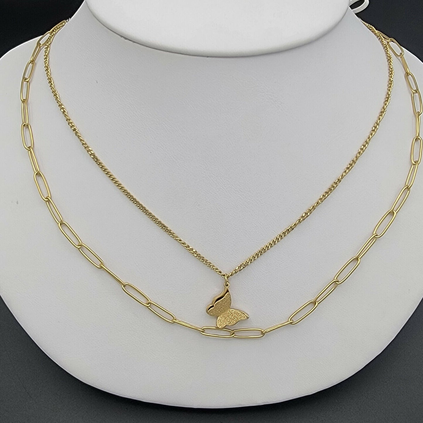 Necklaces - Stainless Steel Gold Plated. 3D Butterfly Double Layer Necklace.