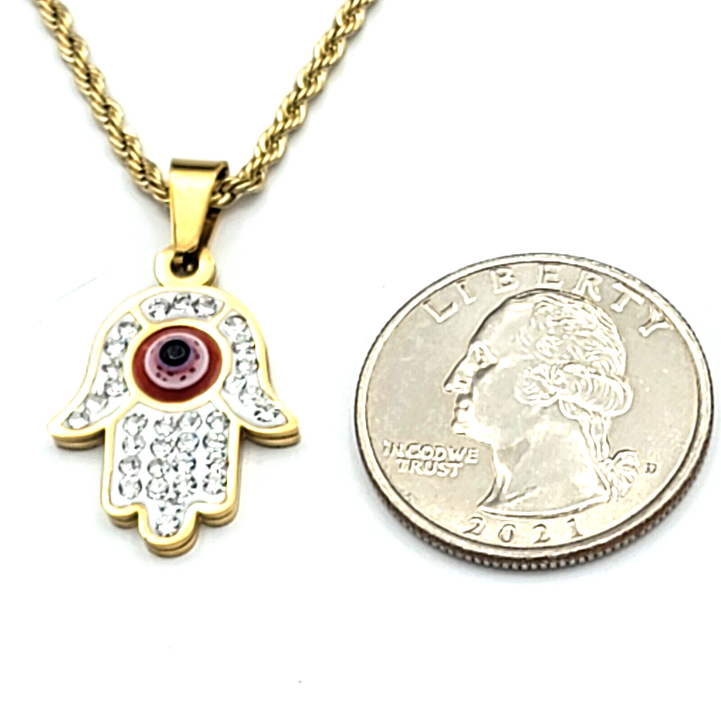 Necklaces - Stainless Steel Gold Plated. Hamsa Fatima Hand Pendant & Chain.