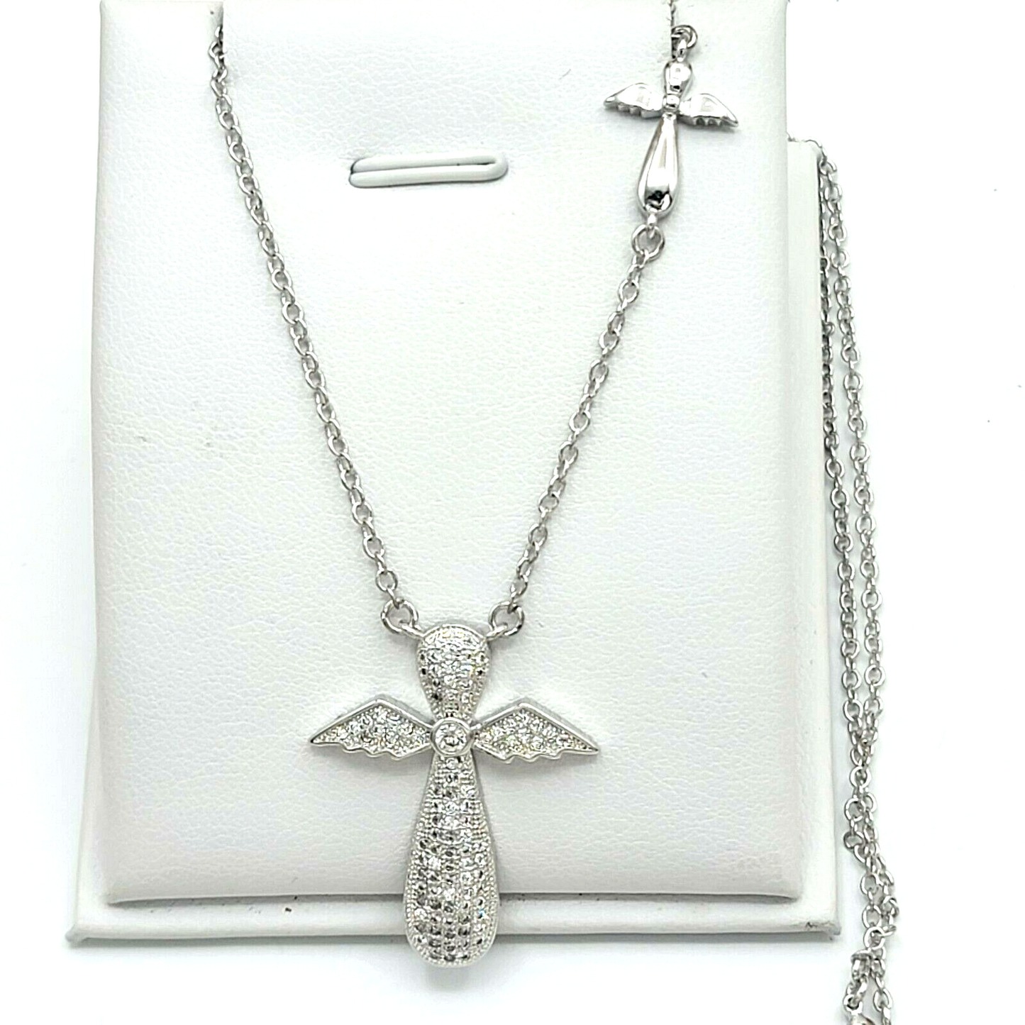 Necklaces - Rhodium Plated. Angel Wings Cross CZ Pendant & Chain.