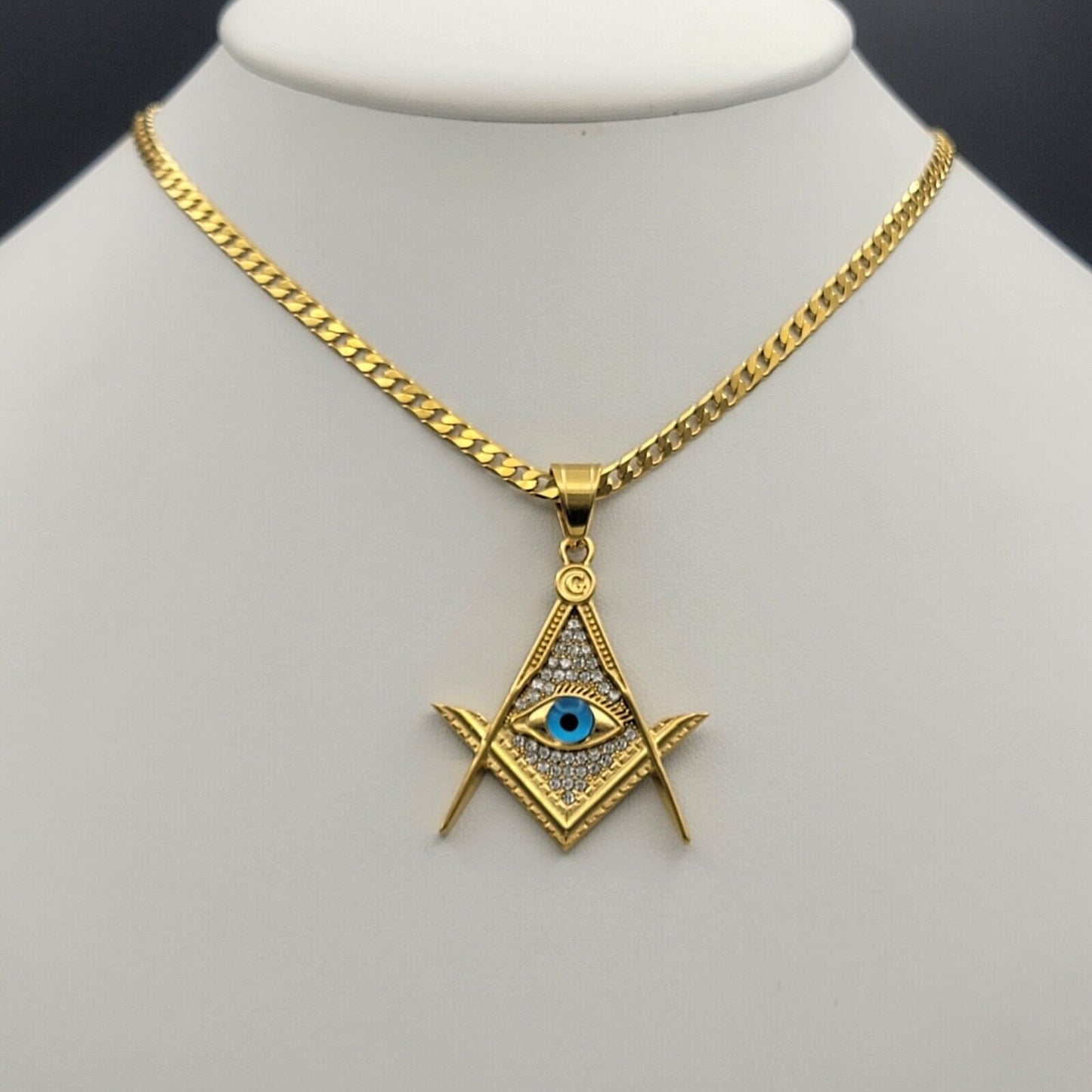 Necklaces - 24K Gold Plated. Masonic Square and Compasses Eye of Providence Pendant & Chain.