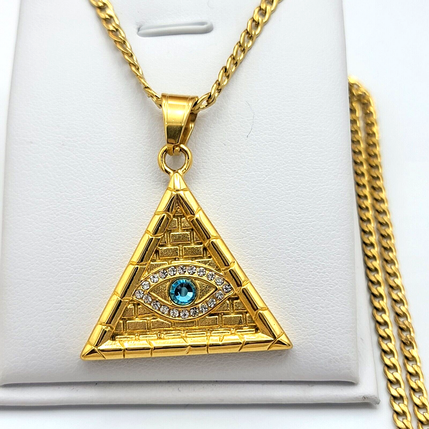 Necklaces - Stainless Steel Gold Plated. CZ Eye of Providence Pendant & Chain. Triangle