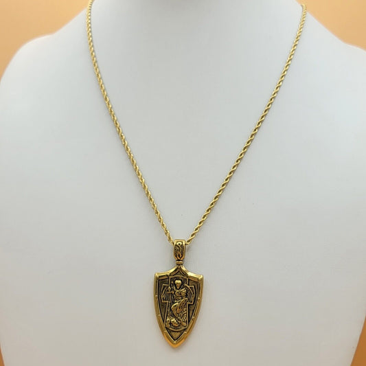 Necklaces - Stainless Steel Gold Plated. Archangel Michael Shield Pendant & Chain. Arcangel Miguel
