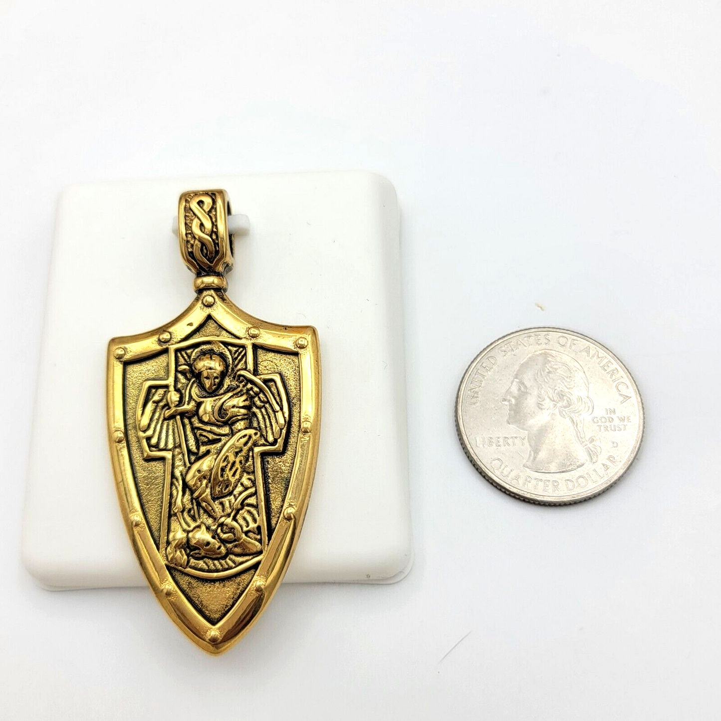 Necklaces - Stainless Steel Gold Plated. Archangel Michael Shield Pendant & Chain. Arcangel Miguel