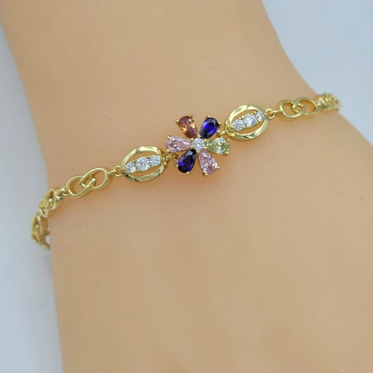 Bracelets - 14K Gold Plated. Multicolor Crystals Flower Bracelet Oro Laminado