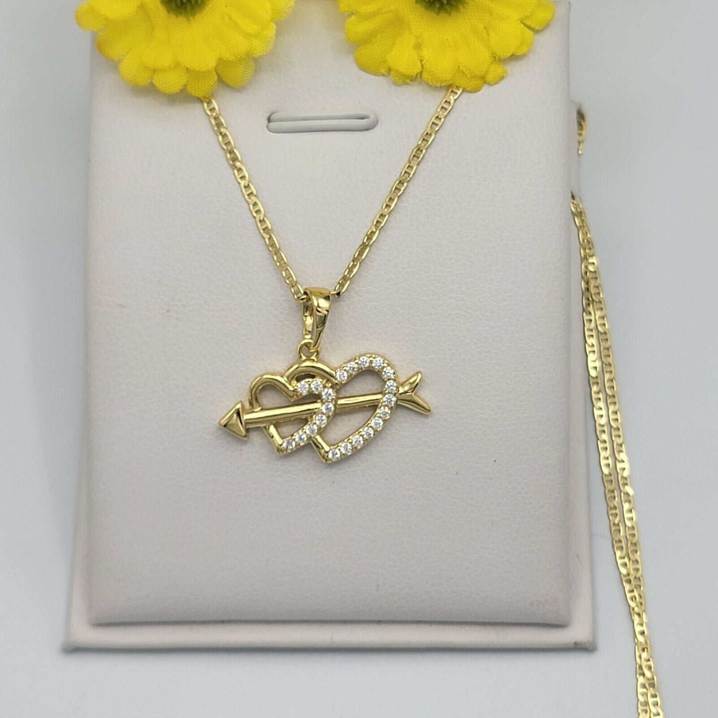 Necklaces - 14K Gold Plated. Double Heart & Arrow Pendant & Chain.