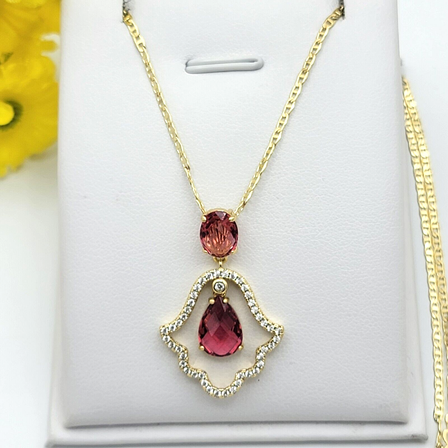 Necklaces - 14K Gold Plated. Hamsa Fatima Hand Dark Pink Red CZ Movable Charm Pendant & Chain.