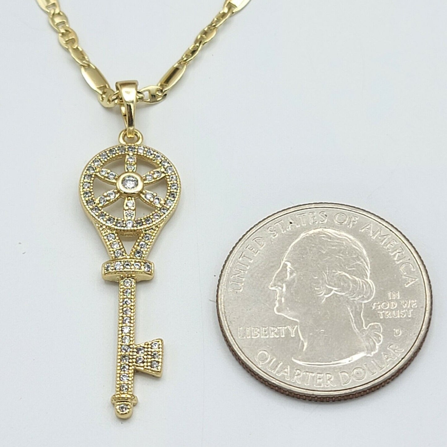 Necklaces - 14K Gold Plated. Elegant Flower CZ Key Pendant & Chain.