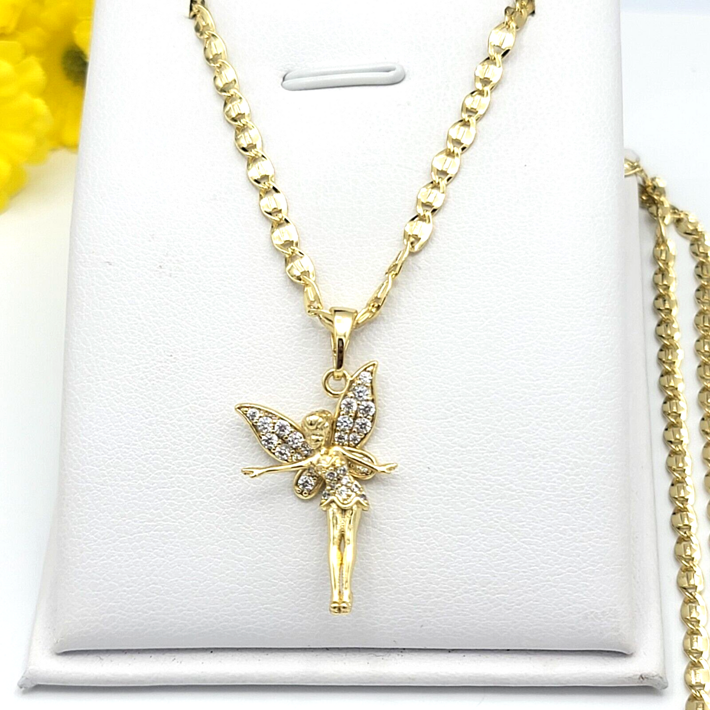 Necklaces - 14K Gold Plated. Angel Fairy Tale Wings CZ Crystal Pendant & Chain.