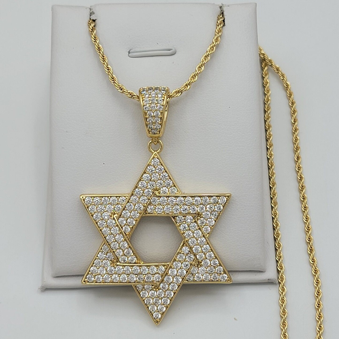Necklaces - 14K Gold Plated. Hexagon 6 Point Icy Star Of David Cross Pendant & Chain.