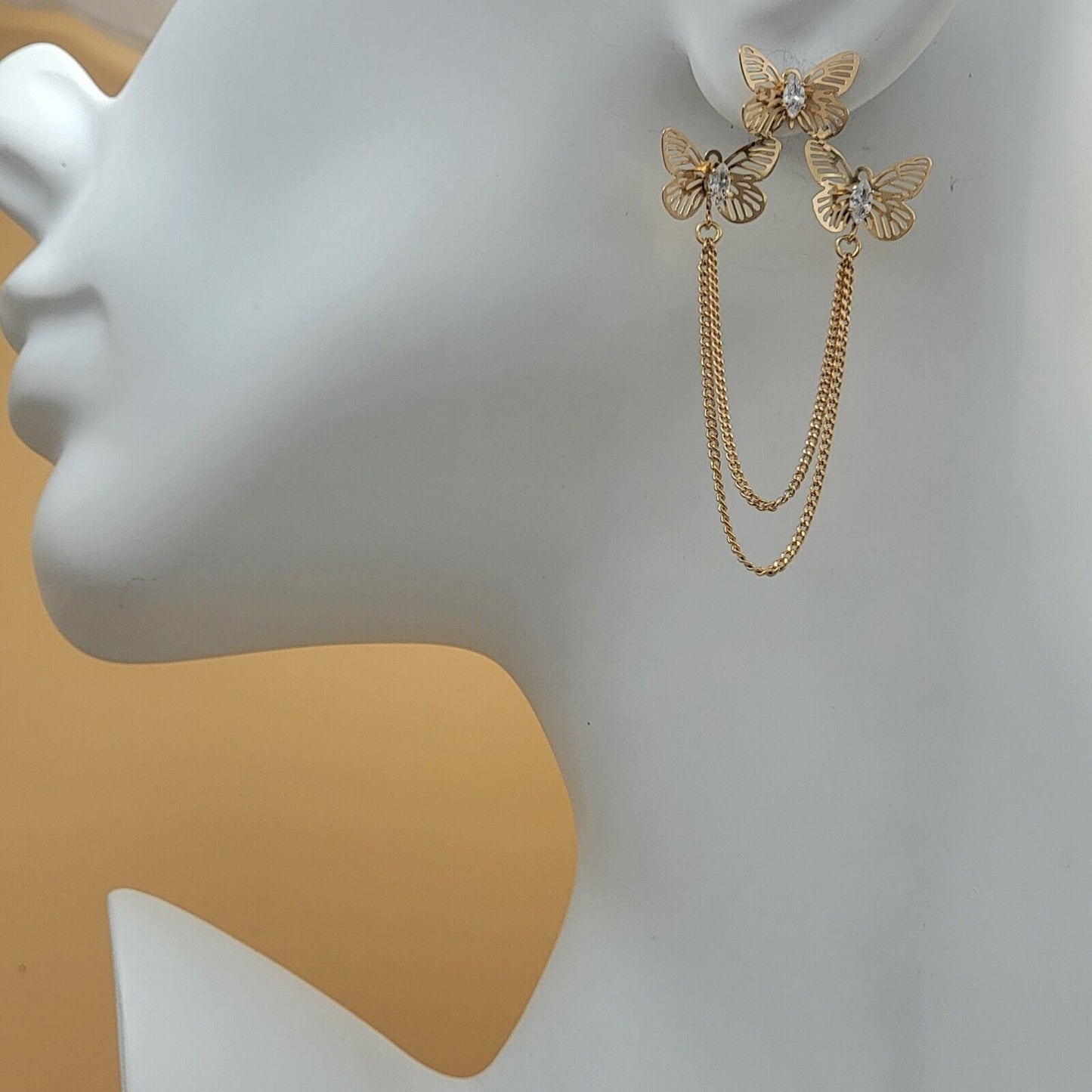 Earrings - 18K Gold Plated. Chandelier 3 Butterflies Clear Crystals Earrings