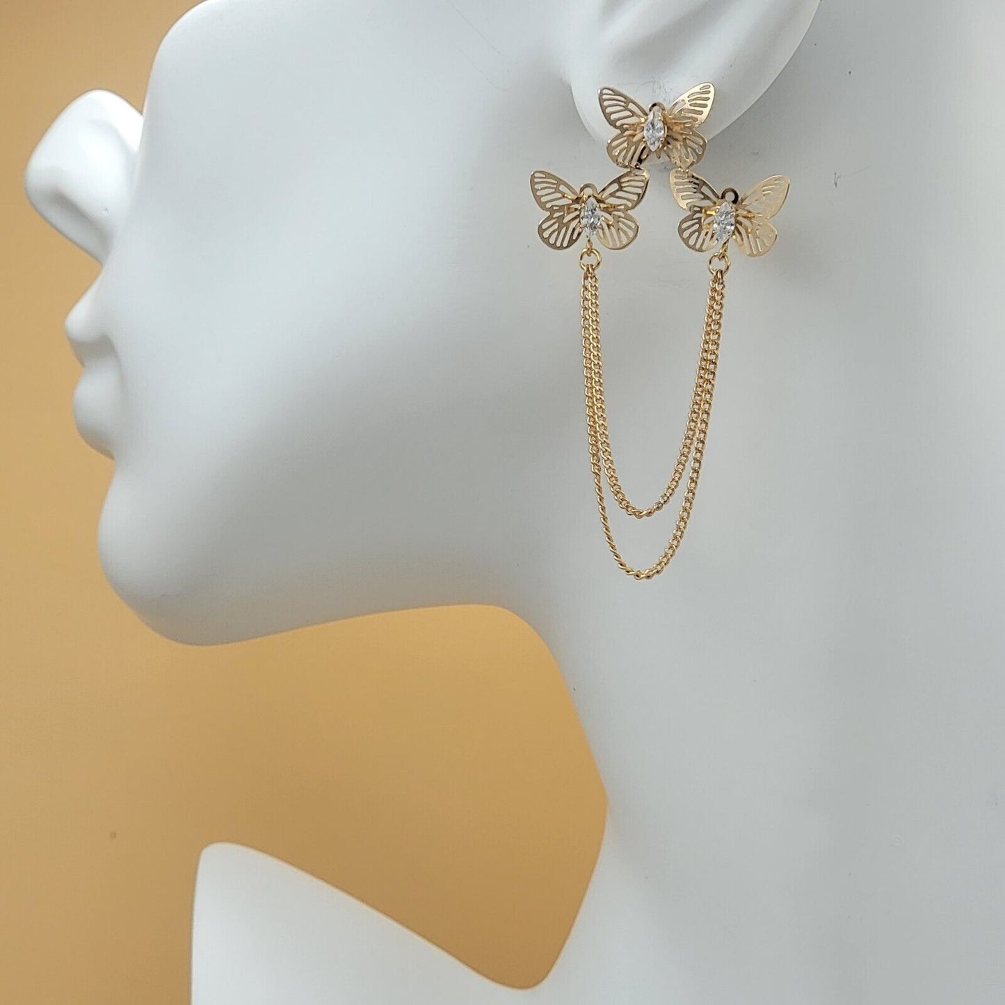 Earrings - 18K Gold Plated. Chandelier 3 Butterflies Clear Crystals Earrings