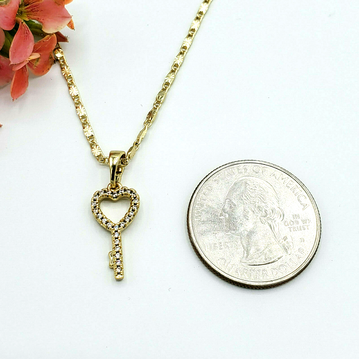 Necklaces - 14K Gold Plated. Love Heart Key Pendant & Chain. 520 Love Gift
