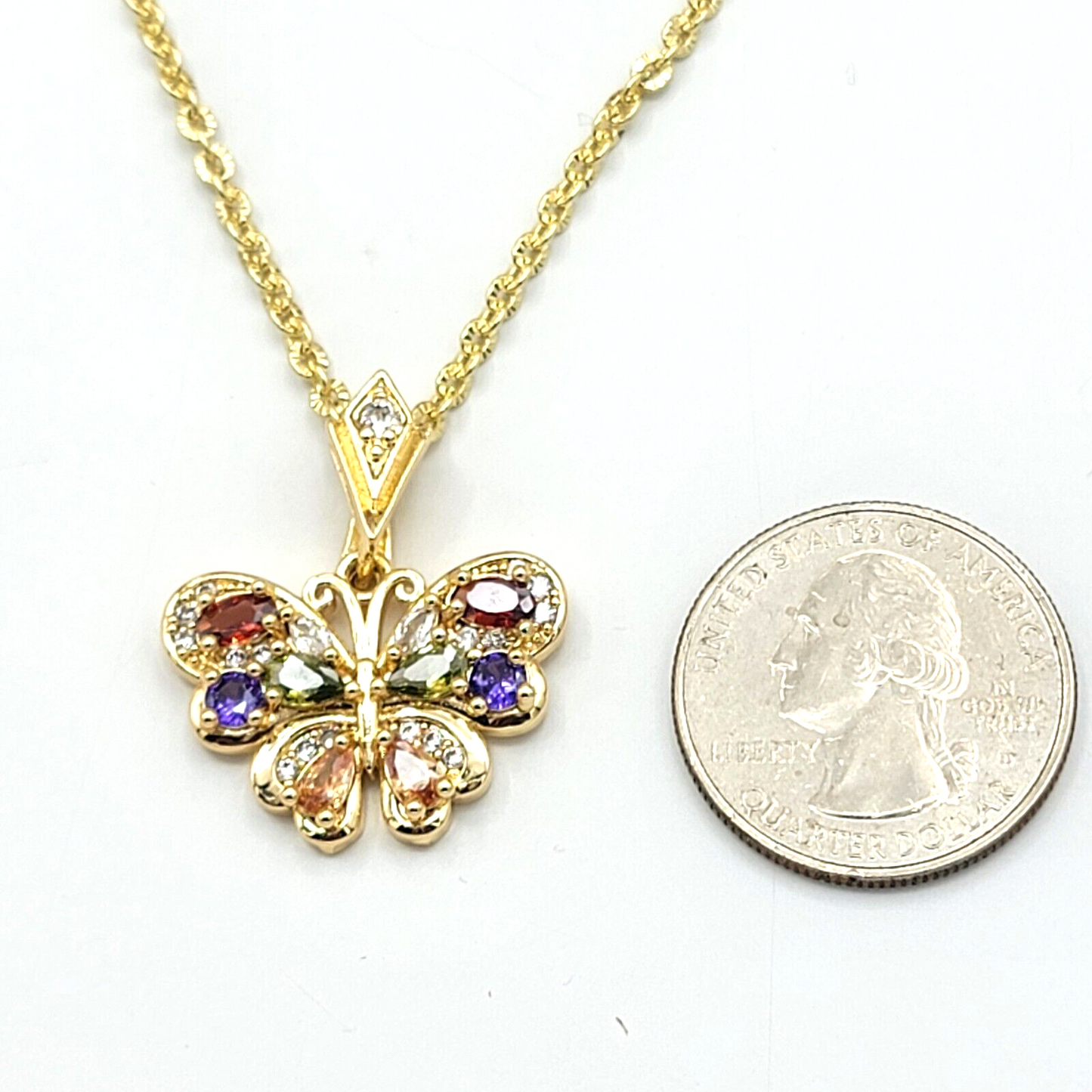 Necklaces - 14K Gold Plated. Multicolor Crystals Butterfly Pendant & Chain.