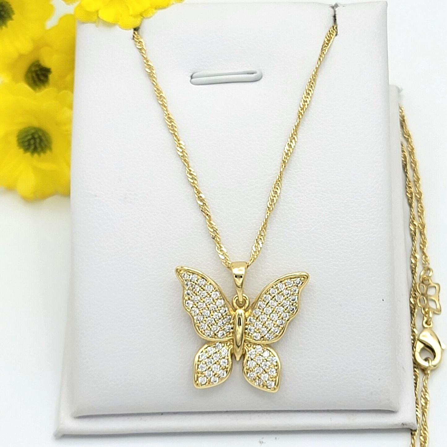 Necklaces - 14K Gold Plated. Icy Butterfly Pendant & Chain.