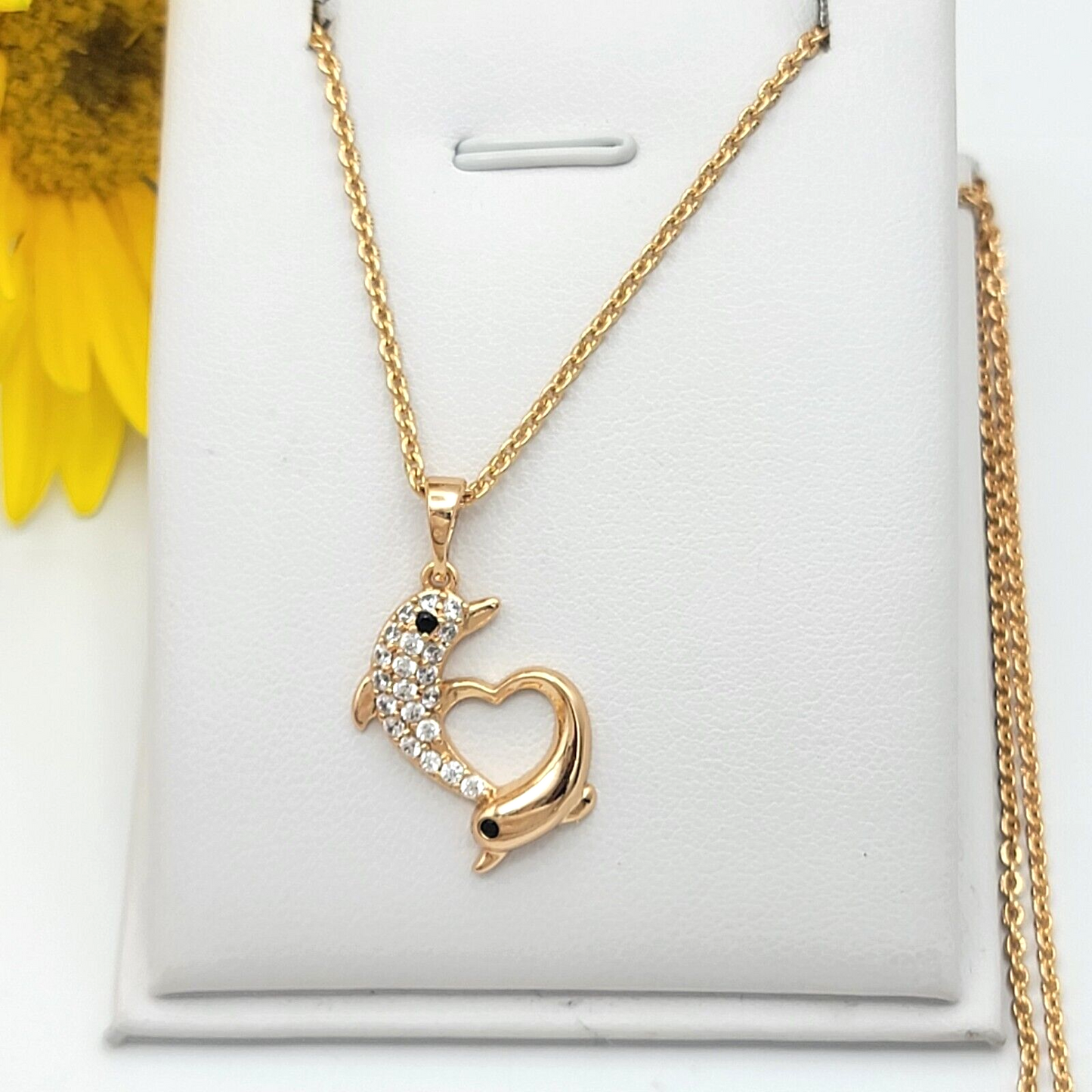 Necklaces - 18K Gold Plated. Heart Couple Dolphin Pendant & Chain.