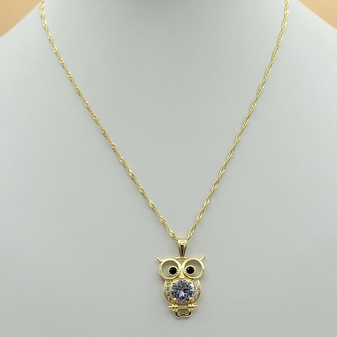Necklaces - 14k Gold Plated. CZ Owl Pendant & Chain.