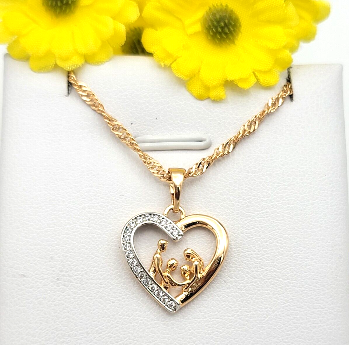 Necklaces - 18K Gold Plated. CZ Heart Family. Mom Dad Daughter Son Pendant & Chain.