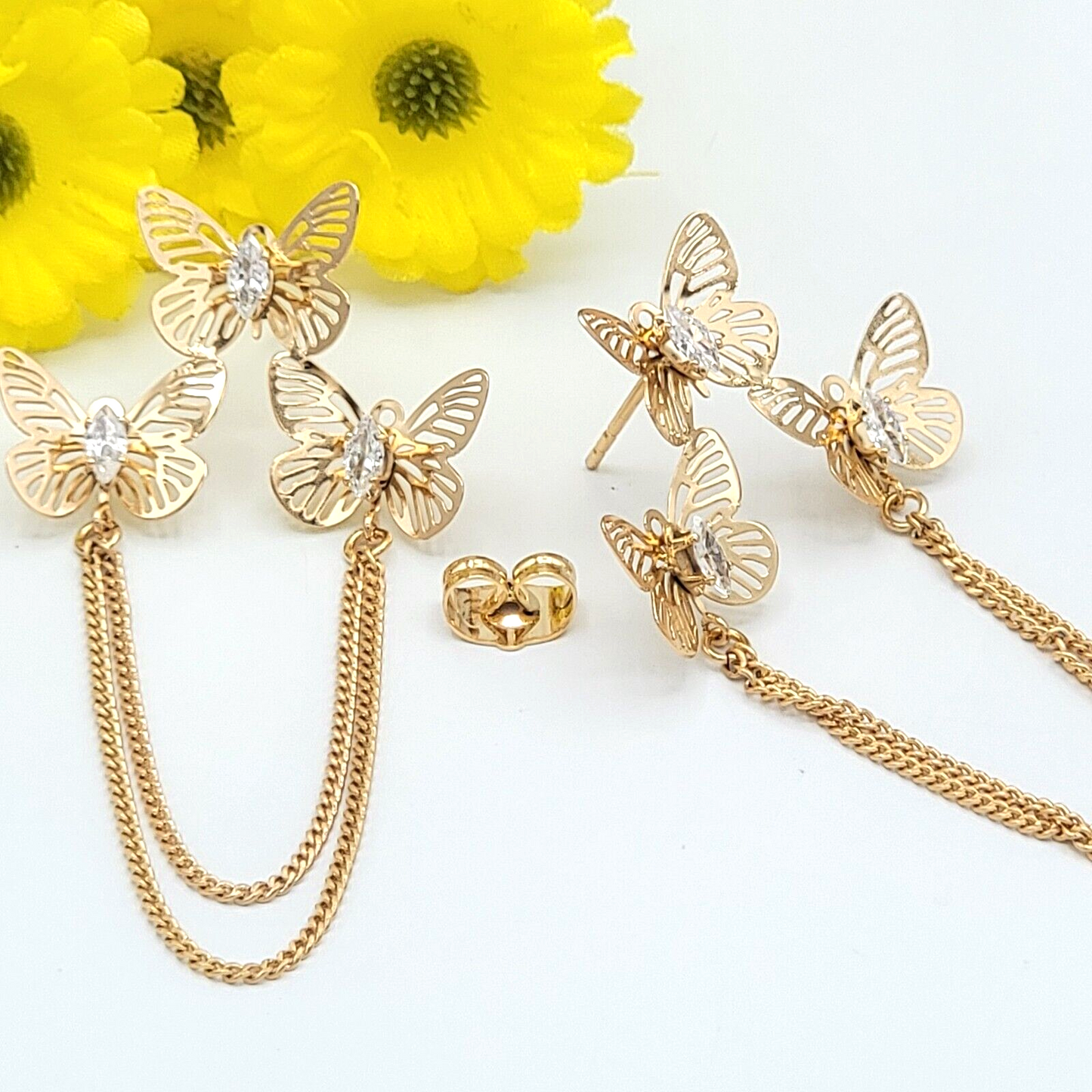 Earrings - 18K Gold Plated. Chandelier 3 Butterflies Clear Crystals Earrings