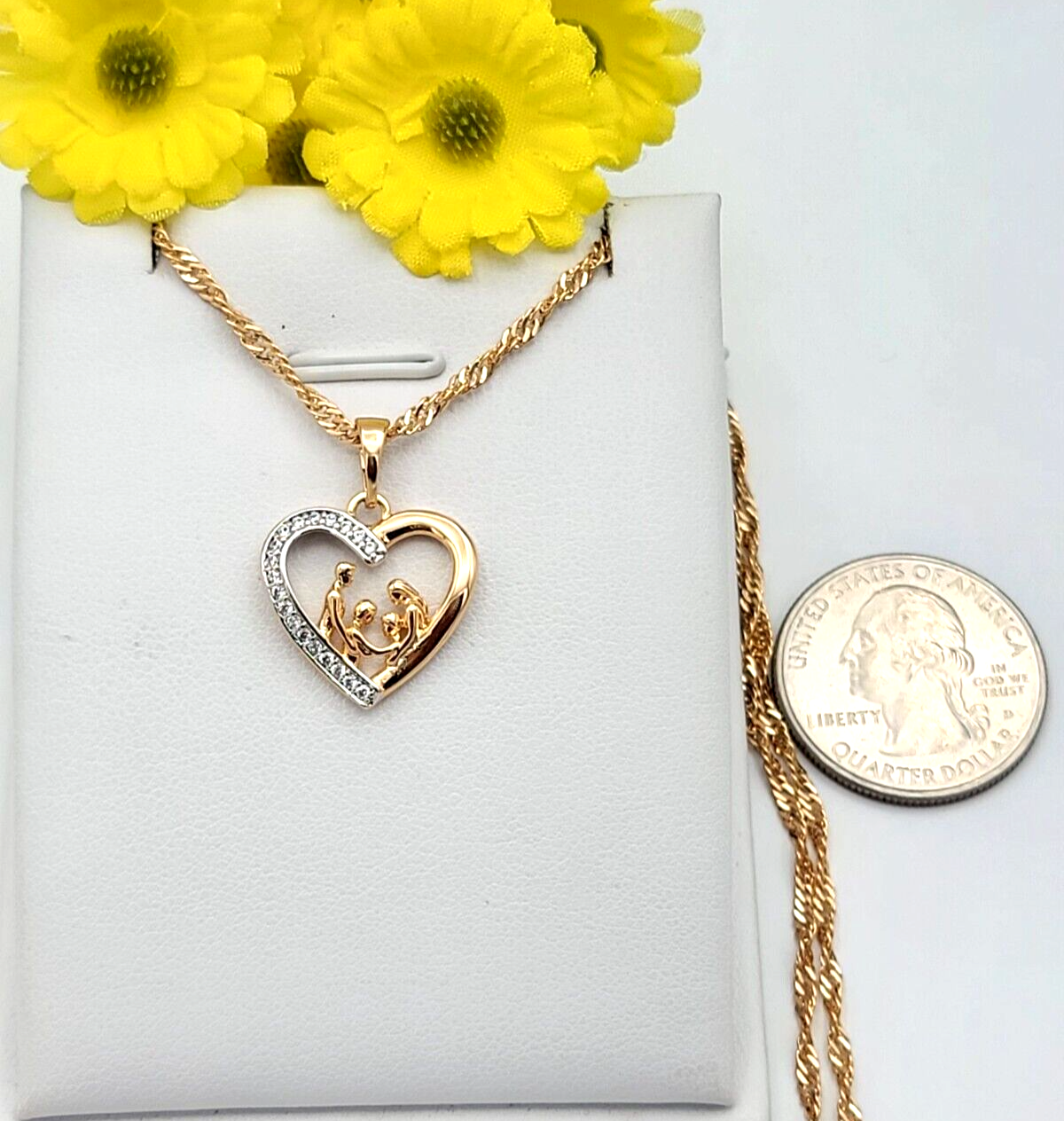 Necklaces - 18K Gold Plated. CZ Heart Family. Mom Dad Daughter Son Pendant & Chain.