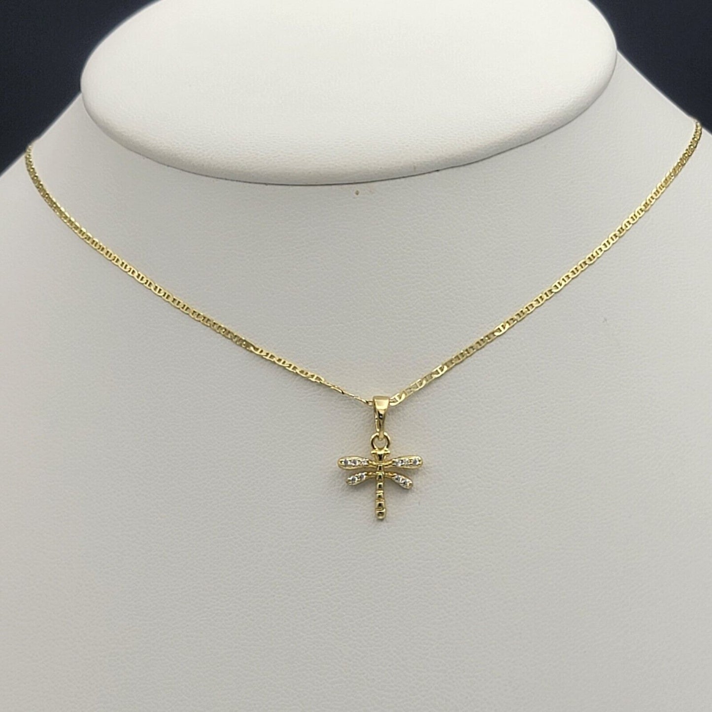 Necklaces - 14K Gold Plated. CZ dragonfly Pendant & Chain.